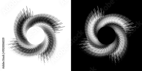Dynamic abstract spiral sound wave rhythm lines. Circular spiral sound wave rhythm of lines. Circular futuristic abstract lines, black and white background.