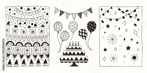 Three black and white illustrations depict celebratory party decorations