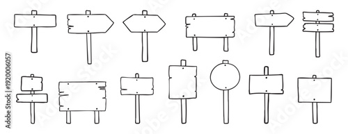 Road direction sign doodle set wooden signboard travel 