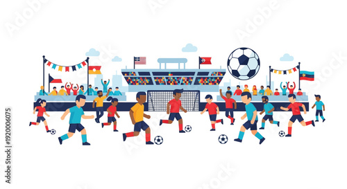A vibrant illustration of a youth soccer match with multiple players on the field, a stadium filled with cheering fans, and international flags.