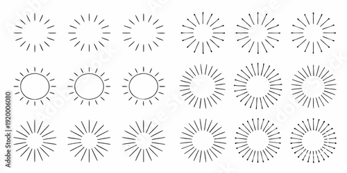 Arrangement of stylized sunburst and circular line patterns on white