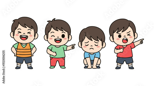 Illustration of a young boy expressing different feelings, including happiness, anger, and sadness.