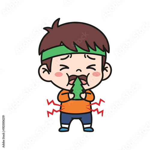 Illustration of a cartoon boy experiencing stomach pain or discomfort, possibly due to eating something bad