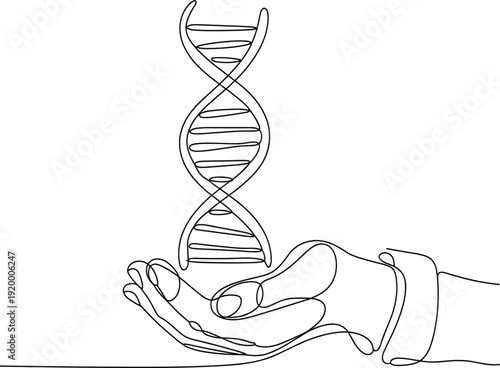 Continuous one line drawing of a human hand holding DNA helix symbol, concept of genetic engineering, biotechnology and medical research.