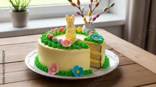 Easter cake decorated with flowers and bunny in spring setting  