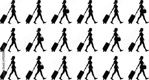 Woman traveler silhouettes walking with rolling suitcase set, female passenger travel collection poses, black vector illustration