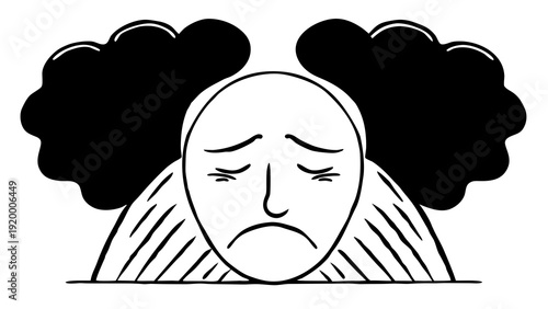 A person overwhelmed by dark thoughts, struggling with mental health issues, depicted in a simple illustration style.