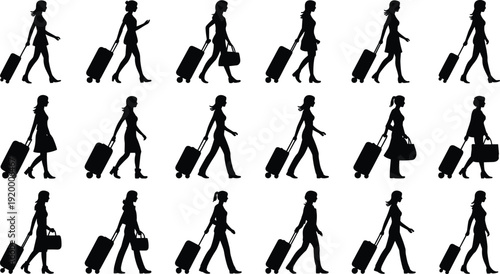 Woman traveler silhouettes walking with suitcase collection, female passenger with luggage set, black vector illustration