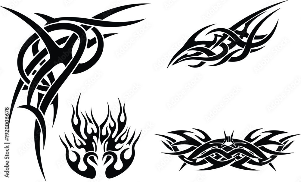 Obraz premium Tribal tattoo designs with celtic and flame patterns on white background