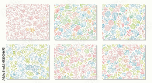 Flower doodle background vector set. Floral and leaves abstract shape doodle art design for print, wallpaper, clipart, wall art for home decoration