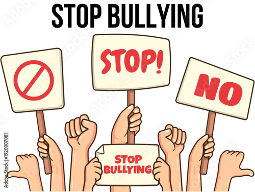 Vector illustration of a hand gesture showing a stop sign against bullying. Modern flat design featuring diverse students standing together to end harassment and cyberbullying. 