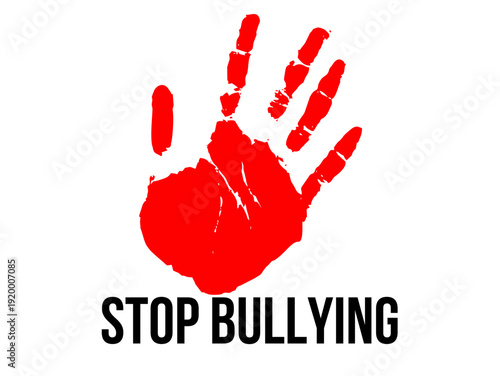 Vector illustration of a hand gesture showing a stop sign against bullying. Modern flat design featuring diverse students standing together to end harassment and cyberbullying. 