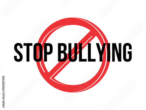 Vector illustration of a hand gesture showing a stop sign against bullying. Modern flat design featuring diverse students standing together to end harassment and cyberbullying. 