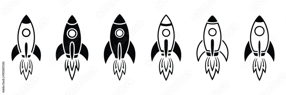 Fototapeta premium Set of Rocket Vector Icons, Launching Spaceship and Spacecraft Symbols for Fast Flight, Innovation and New Business Startup Concept