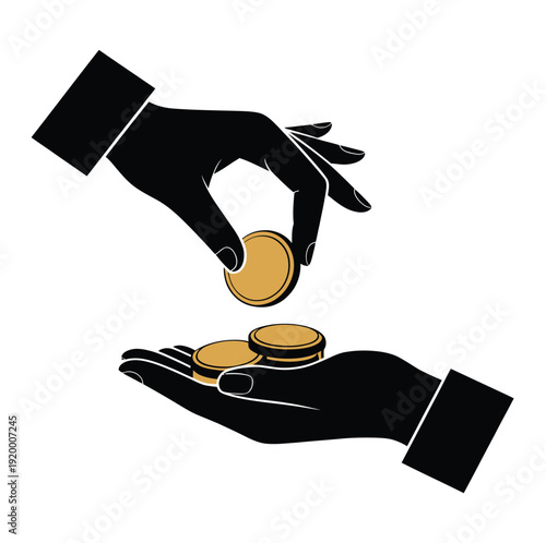 Hand giving coins to another hand receiving money vector illustration representing payment, donation, and financial transaction