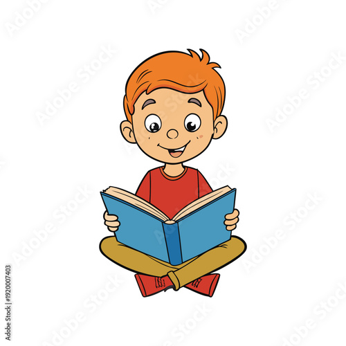Orange haired boy sitting and reading on national book lovers day boy