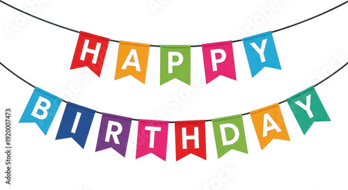 Brightly colored Happy Birthday bunting flags with scattered confetti