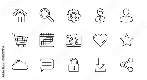 Collection of simple linear icons representing various concepts silhouette