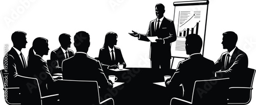 Business meeting presentation silhouette illustration, corporate growth artwork, teamwork strategy design tribute, leadership communication graph, office boardroom flat vector illustration
