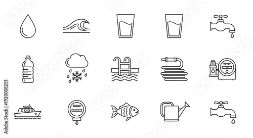 Water themed line icons depicting various sources and forms silhouette