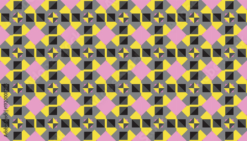Modern geometric seamless pattern with vibrant pink, yellow, and grey diamond shapes
