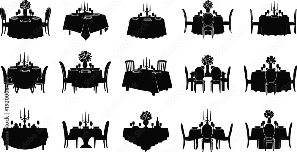 Obraz premium Dining table silhouette illustration, romantic dinner artwork, formal dining design tribute, event planning concept, restaurant decor graphic, hospitality theme flat vector illustration