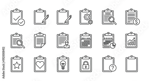 Collection of clipboard icons with various symbols a monochrome silhouette