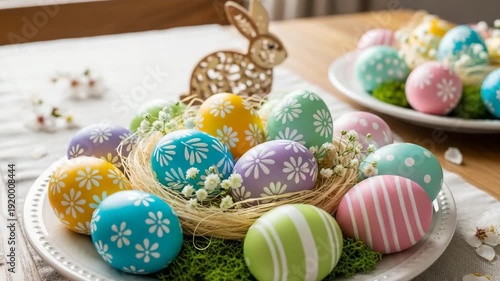 Colorful Easter eggs arranged in a decorative nest on the table  