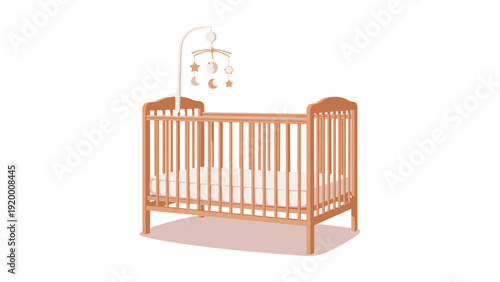 Simple wooden baby crib with a mattress and a hanging mobile isolated on a white background for nursery themes.