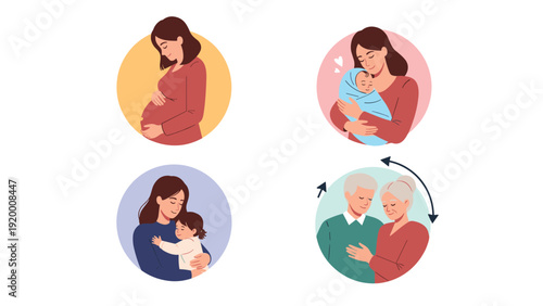 Collection of four icons depicting pregnancy, motherhood, and elderly love in soft warm colors and round frames.