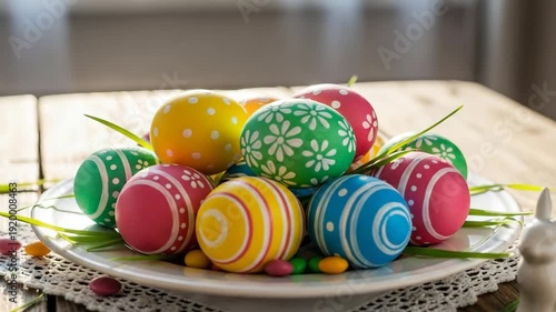 Colorful decorated Easter eggs arranged on a plate with grass  
