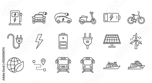 Electric vehicle charging and sustainable transport icons line art silhouette