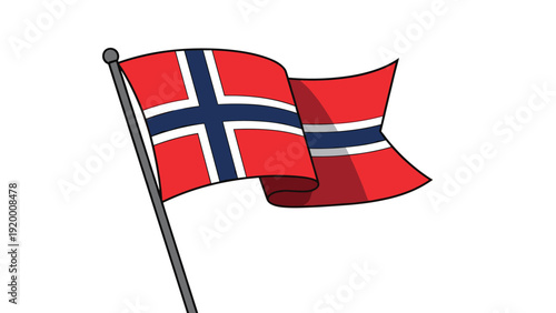 Waving national flag of Norway on a grey flagpole against a white background showing the traditional red blue and white design.