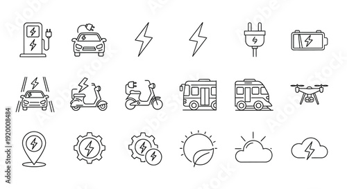 Electric vehicle charging and transportation symbols in a linear silhouette
