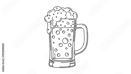 Simple black and white line art illustration of a tall glass mug filled with beer and thick white foam spilling over.