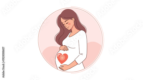 Gentle illustration of a pregnant woman in a white dress touching her belly within a soft pink circular frame decoration.