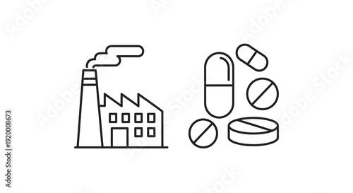 Factory production of pharmaceuticals illustrated in simple line silhouette