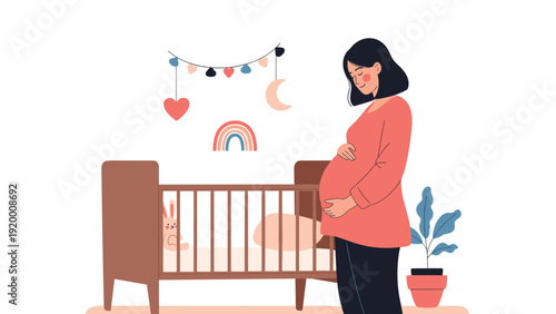 Warm illustration of a pregnant woman standing next to a baby crib in a cozy and well decorated nursery room interior.