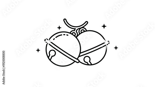 Simple black and white line drawing of two round jingle bells with small sparkles for holiday and Christmas decorations.