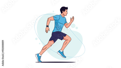 Active male athlete running in sportswear and a smartwatch against a minimalist background for sports and health concepts.