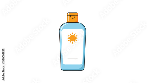 Bottle of sunscreen lotion with a yellow sun icon on its label providing skin protection for outdoor summer activities.