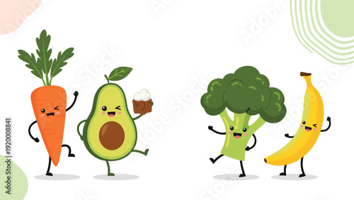 Adorable kawaii cartoon characters of a carrot avocado broccoli and banana with happy faces for healthy eating concepts.