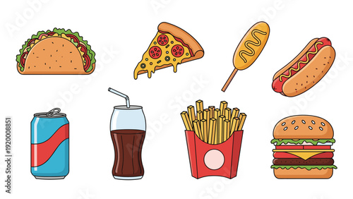 Assortment of fast food meal items including a taco pizza slice corn dog hot dog soda cup french fries and a hamburger.