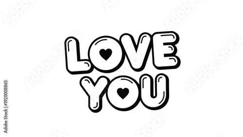 Stylized black and white bubble text saying love you with small heart symbols placed inside the letters for romance.