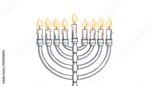 Traditional silver hanukkah menorah stands with nine candles burning brightly with warm orange flames and dripping wax details for the holiday.