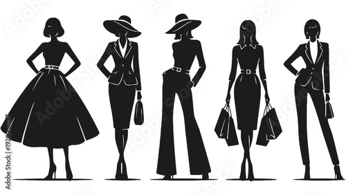 Five elegant women in stylish outfits and accessories posing confidently