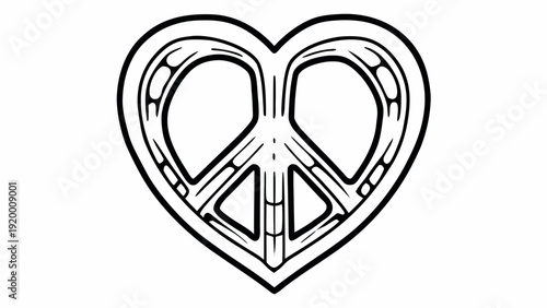A black and white illustration of a peace symbol merged with a heart shape, symbolizing love and harmony from a straightforward viewpoint