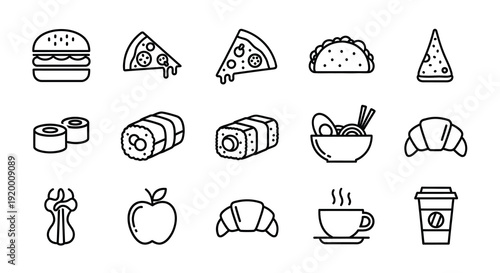 Various food items depicted in simple black line art silhouette