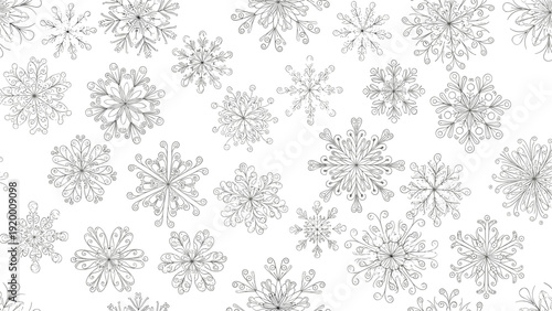 Elegant pattern of various hand-drawn snowflakes shows intricate crystalline shapes and winter beauty for festive holiday background designs.