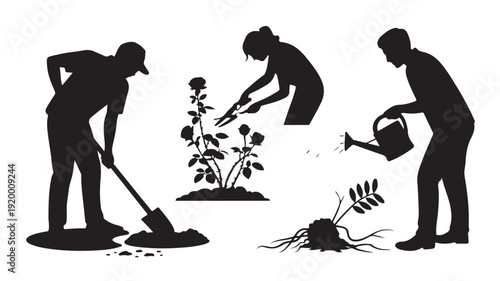 Vector Illustration Of Silhouette Gardeners Planting And Watering Plants For Gardening And Landscaping Concept